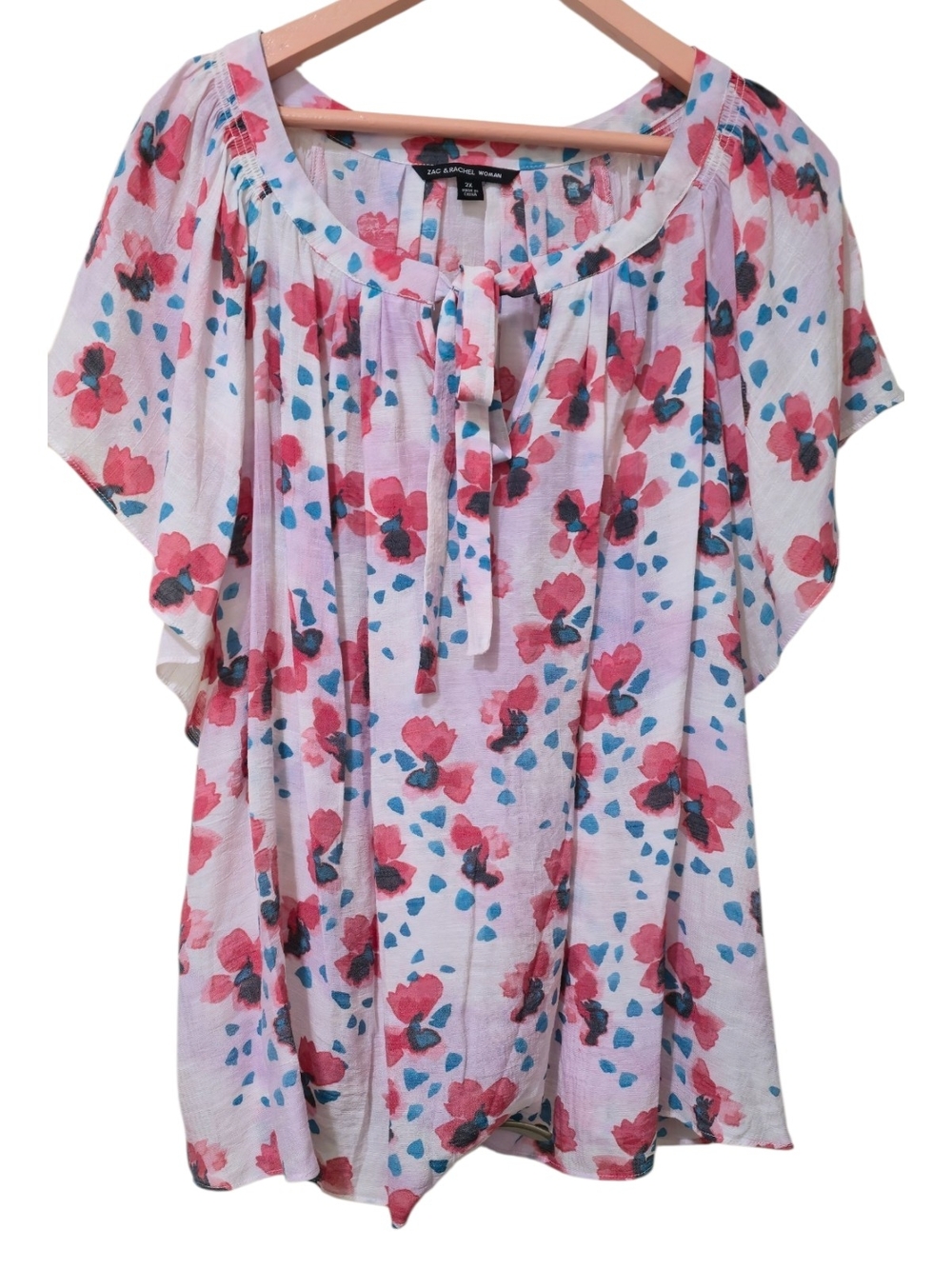 Zac & Rachel Watercolor Floral Tie Neck Blouse 2XL Summer Business Casual Boho L